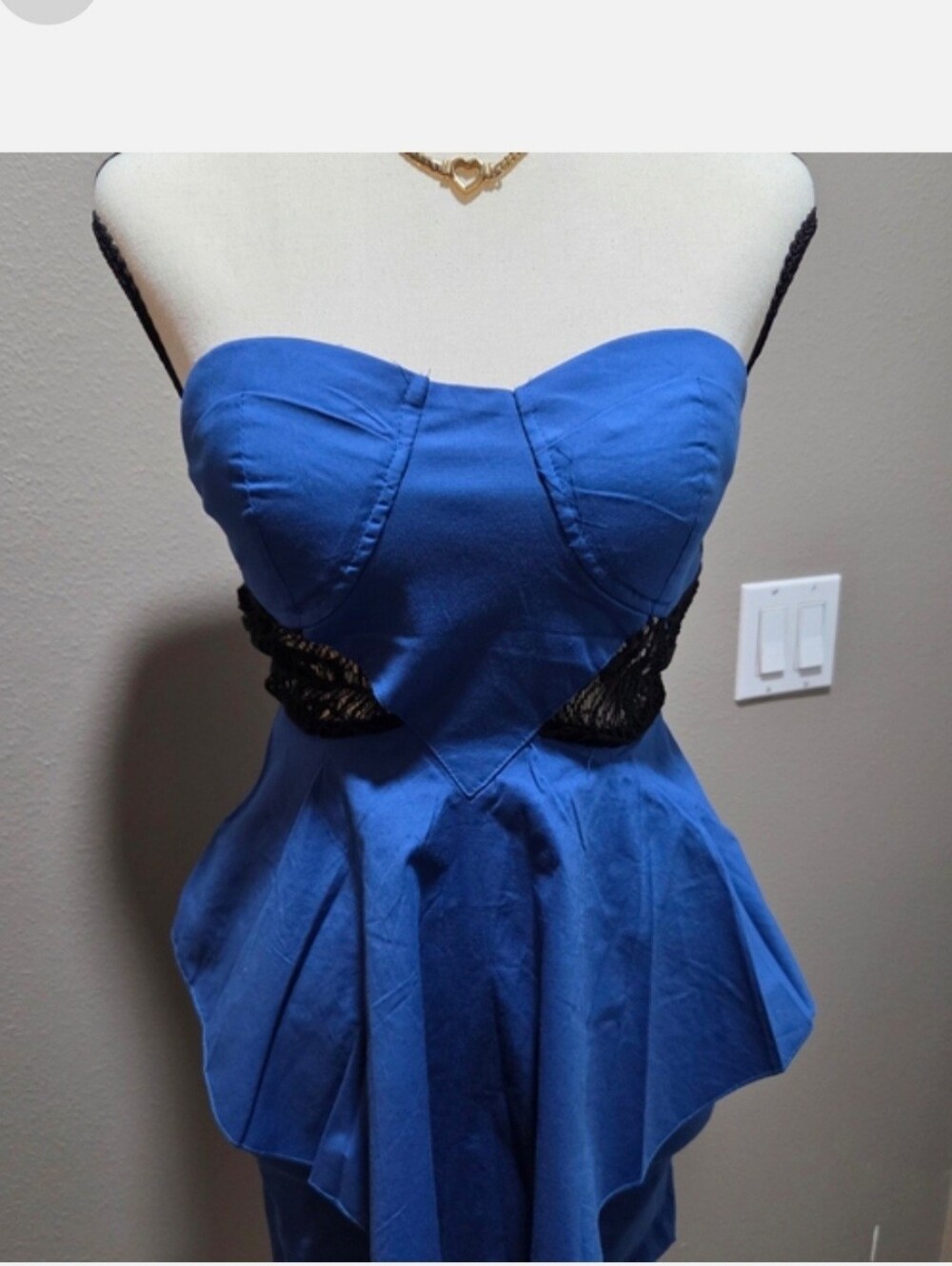 Strapless Royal Blue Peplum Dress with Black Lace Insets